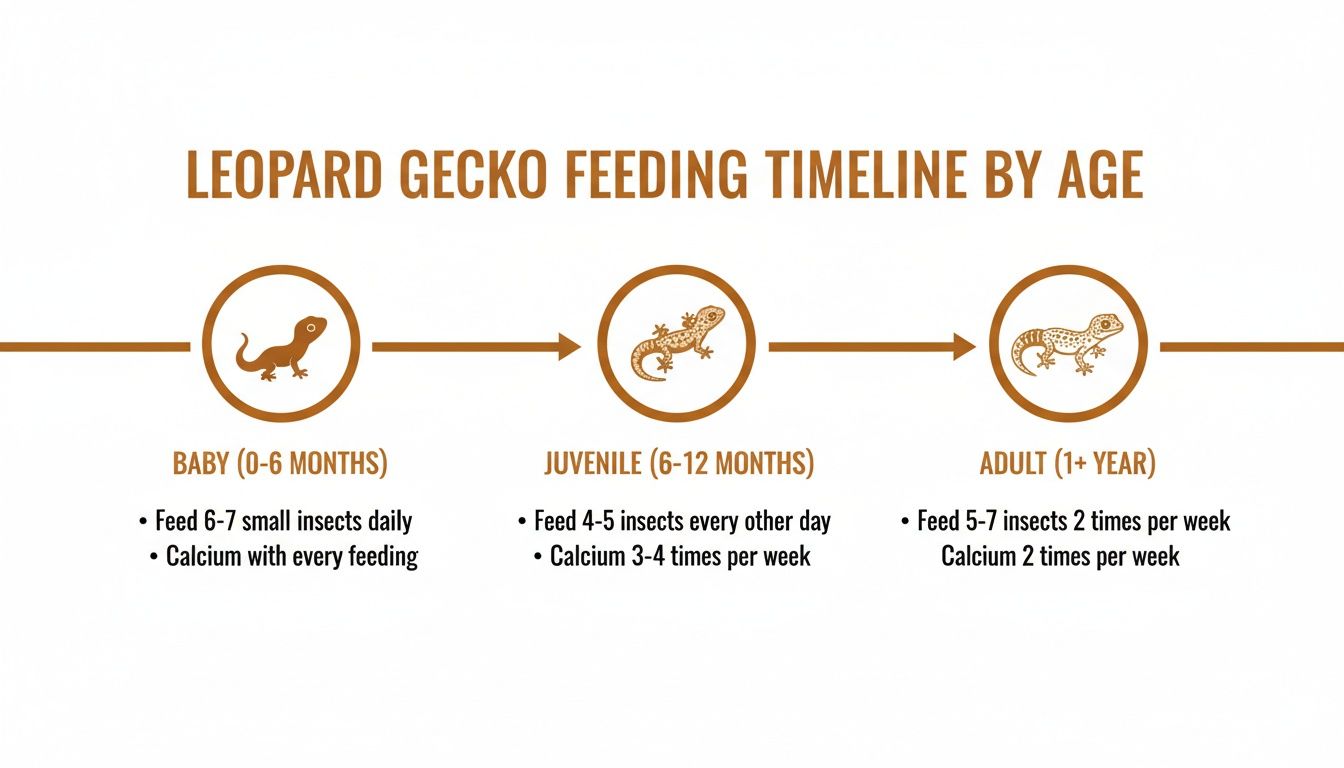Leopard gecko feeding timeline showing insect and calcium recommendations for baby, juvenile, and adult geckos.