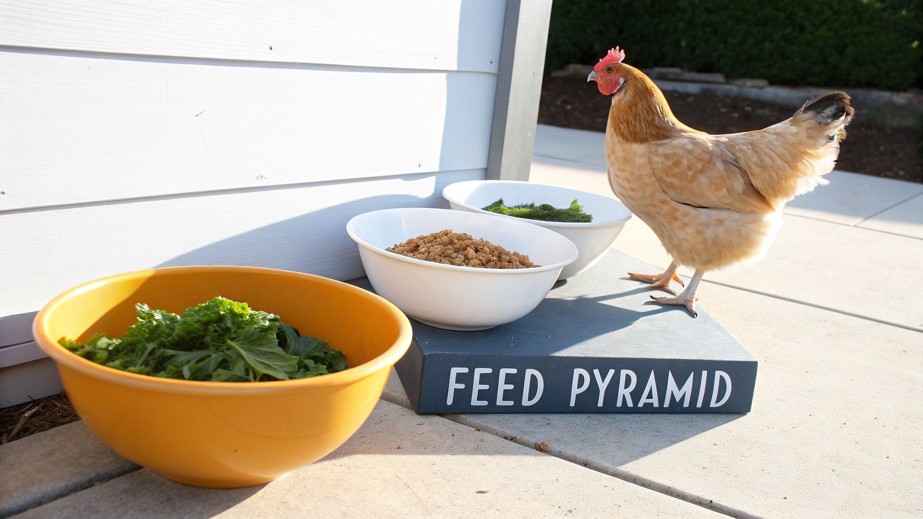 A chicken stands next to a "Feed Pyramid" display with bowls of greens and granular chicken feed.
