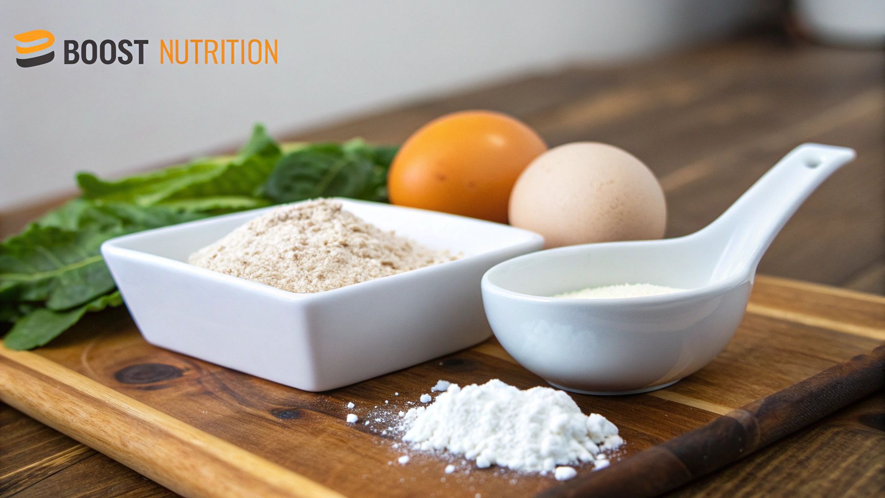 Healthy cooking ingredients: fresh spinach, eggs, flour, and various powders on a rustic wooden board.