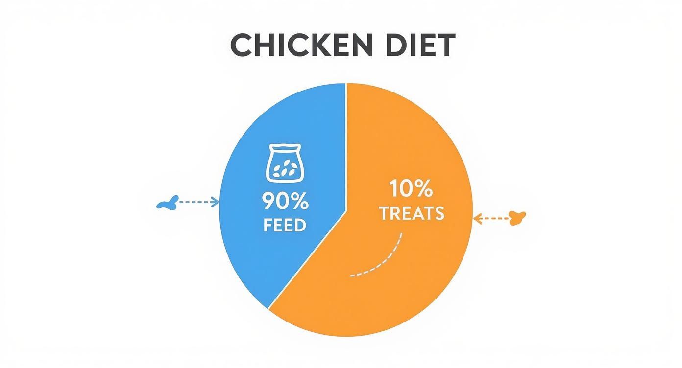 A pie chart illustrating a chicken's diet composition, showing 90% feed and 10% treats.
