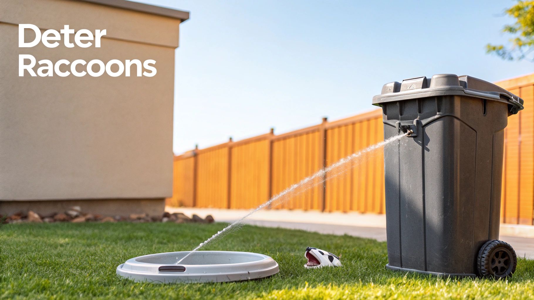 A motion-activated sprinkler on a trash can sprays water on grass to deter raccoons.