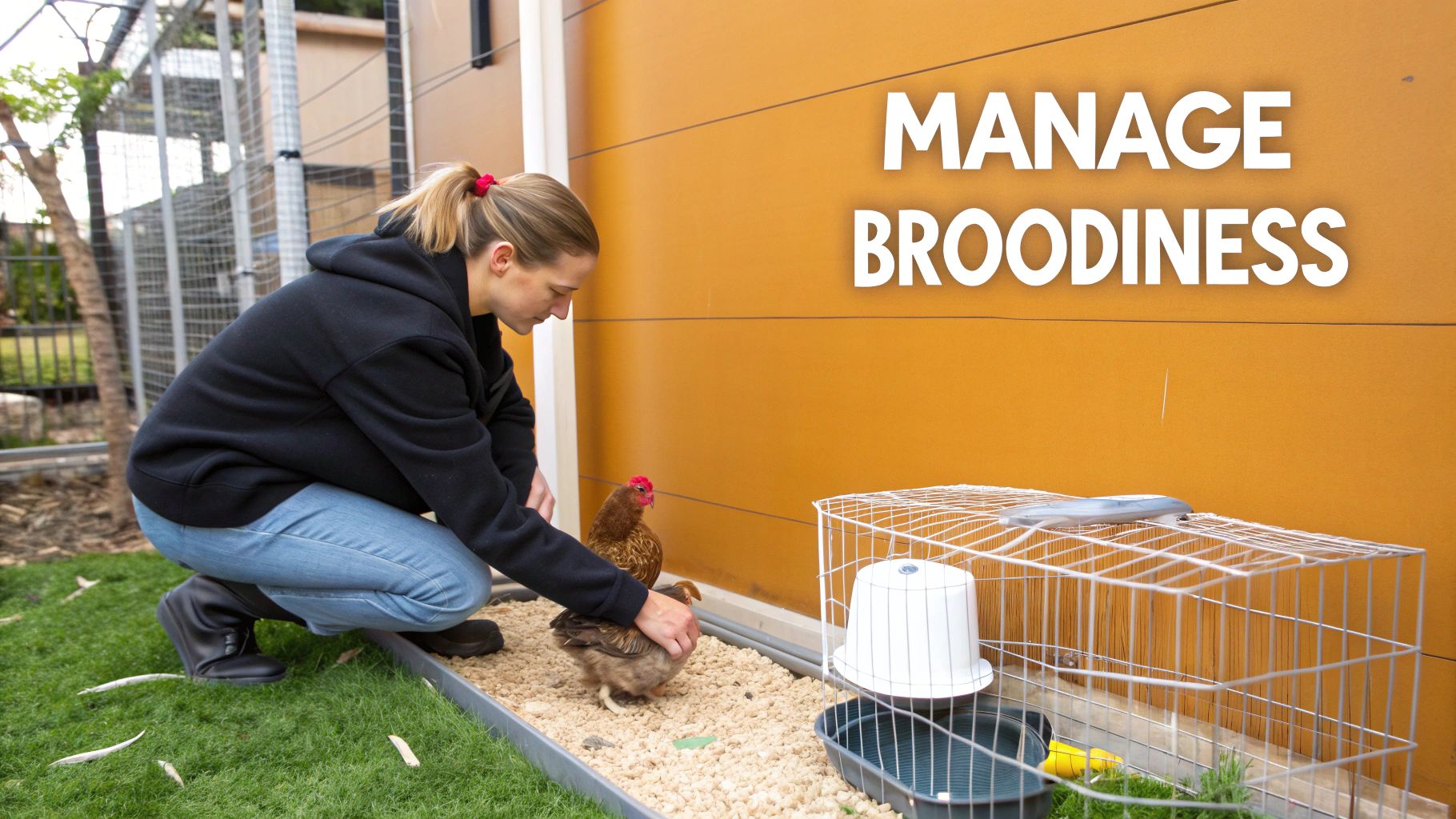 A woman manages broody chickens, gently handling one near a cage with a feeder and water.