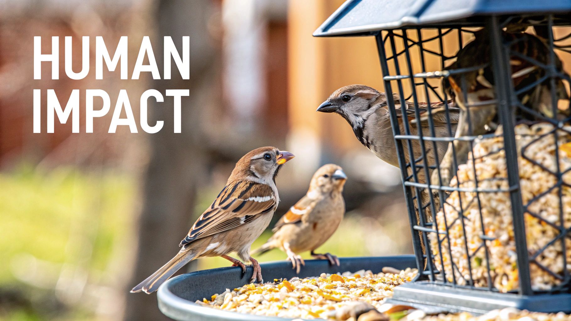 A person's hand offers seeds to a small wild bird perched on their fingers.