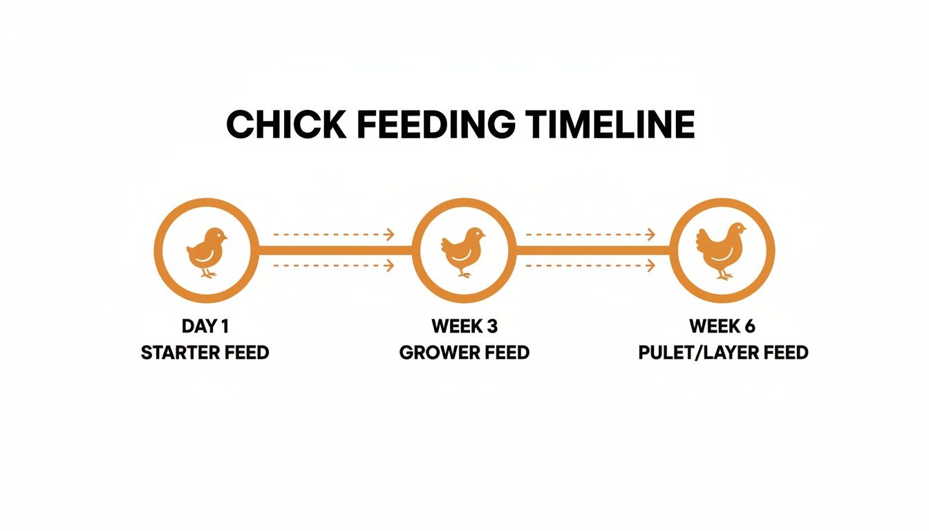 Chick feeding timeline illustrating starter, grower, and pullet/layer feed stages by age.