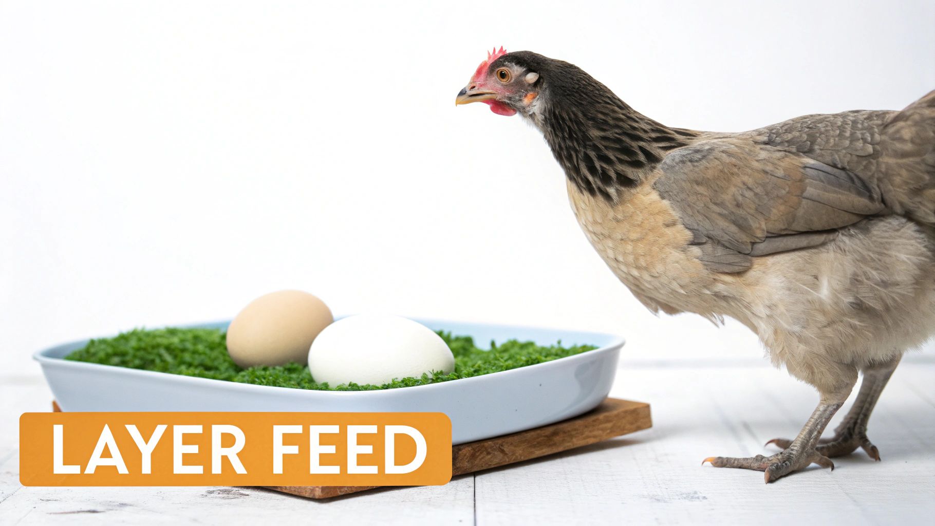 A chicken looks at a light blue dish containing two eggs and green grass, with 'LAYER FEED' text.