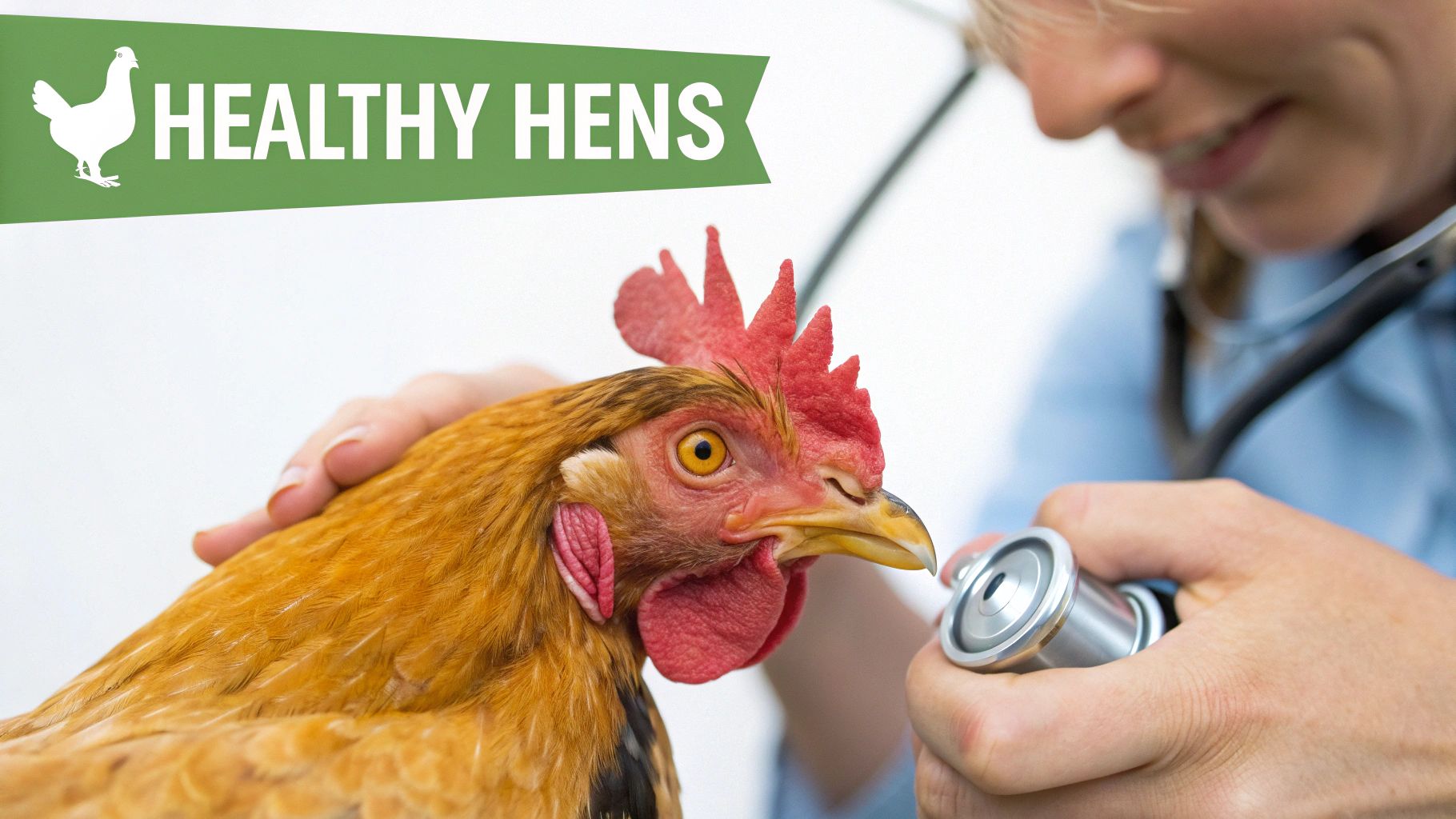A healthy hen with a bright red comb and clear eyes stands in a grassy area.