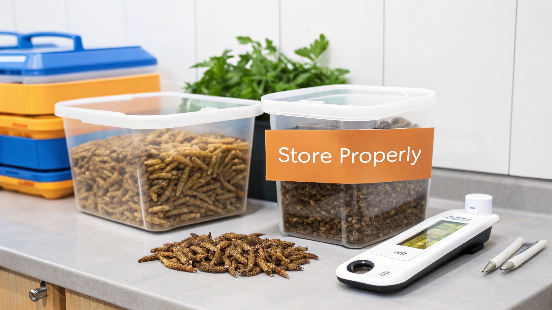 A close-up of live Black Soldier Fly Larvae in a container, showing their pale, segmented bodies and active movement.