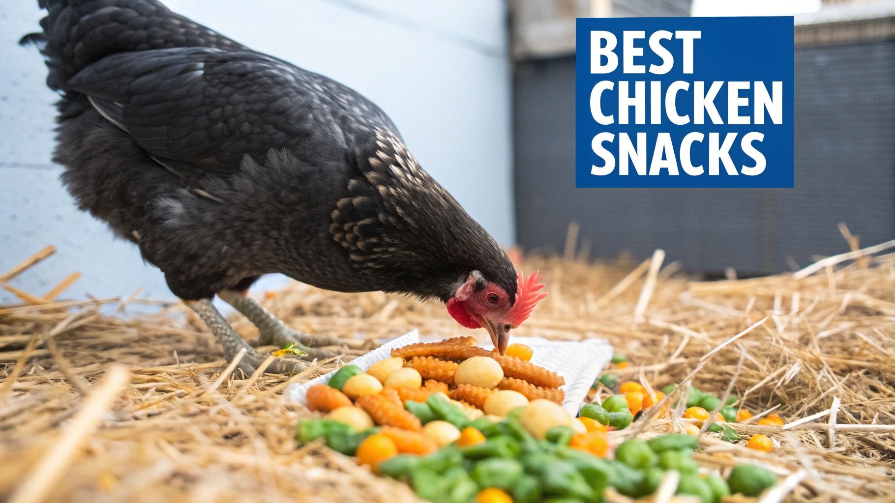 A flock of chickens eating snacks scattered on the ground