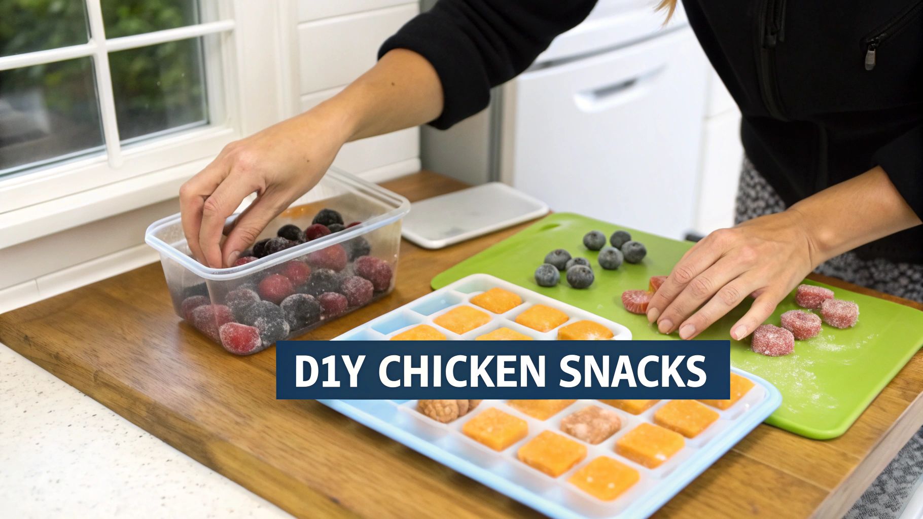 A person's hands preparing homemade frozen chicken snacks and berries on a kitchen counter.