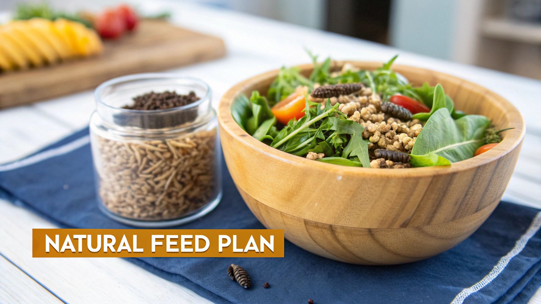 A wooden bowl of salad with greens, tomatoes, and insect larvae, next to a jar of natural feed.