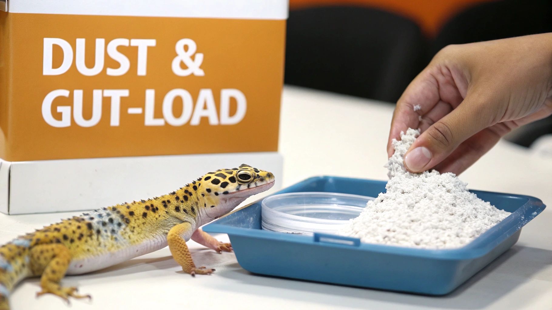 Hand sprinkling calcium supplement dust powder for leopard gecko dietary needs