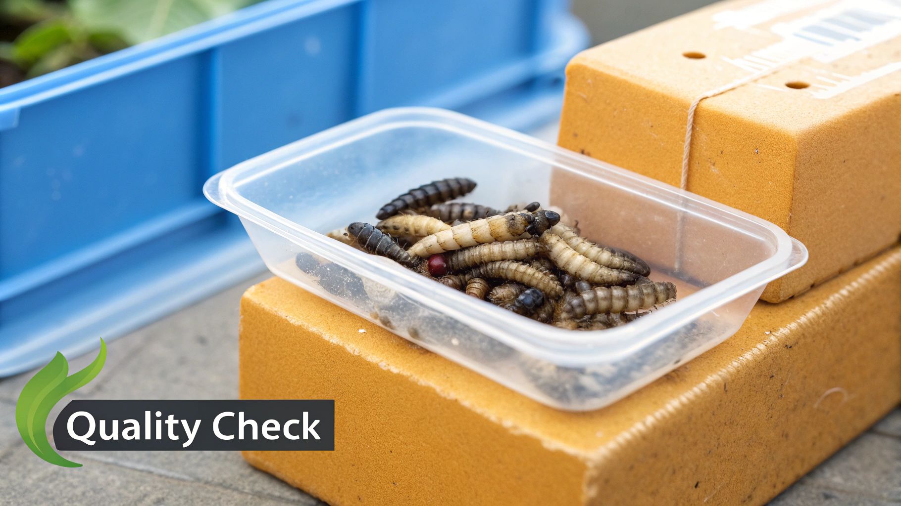 A person shopping online for BSF larvae on a tablet, with a vibrant image of larvae on the screen.