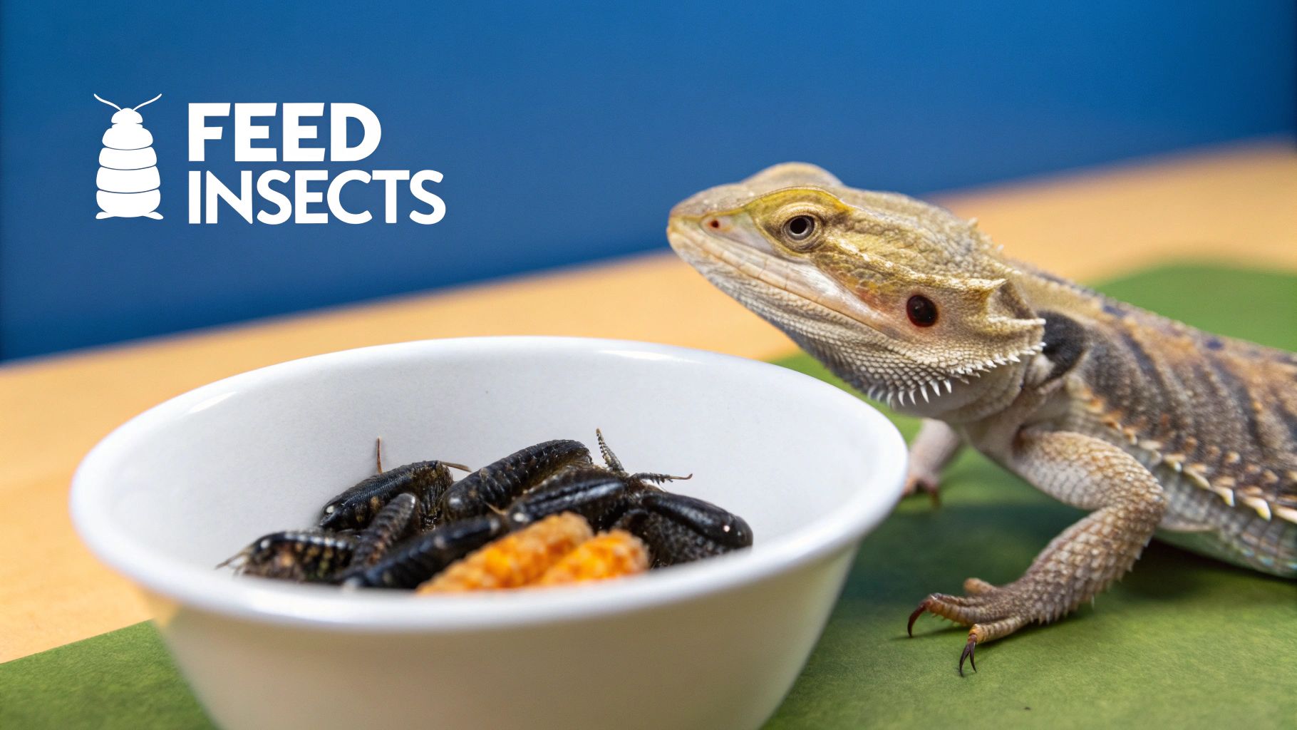 Bearded dragon looking at bowl of black soldier fly larvae and insects on table