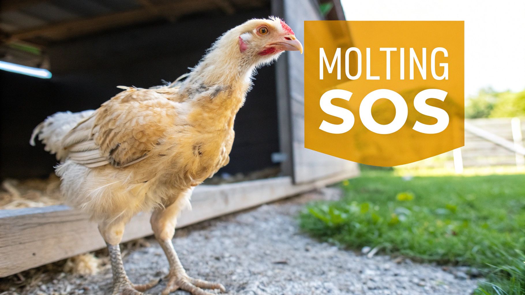 A light brown molting chicken stands on gravel in front of a coop entrance with 'MOLTING SOS' text.