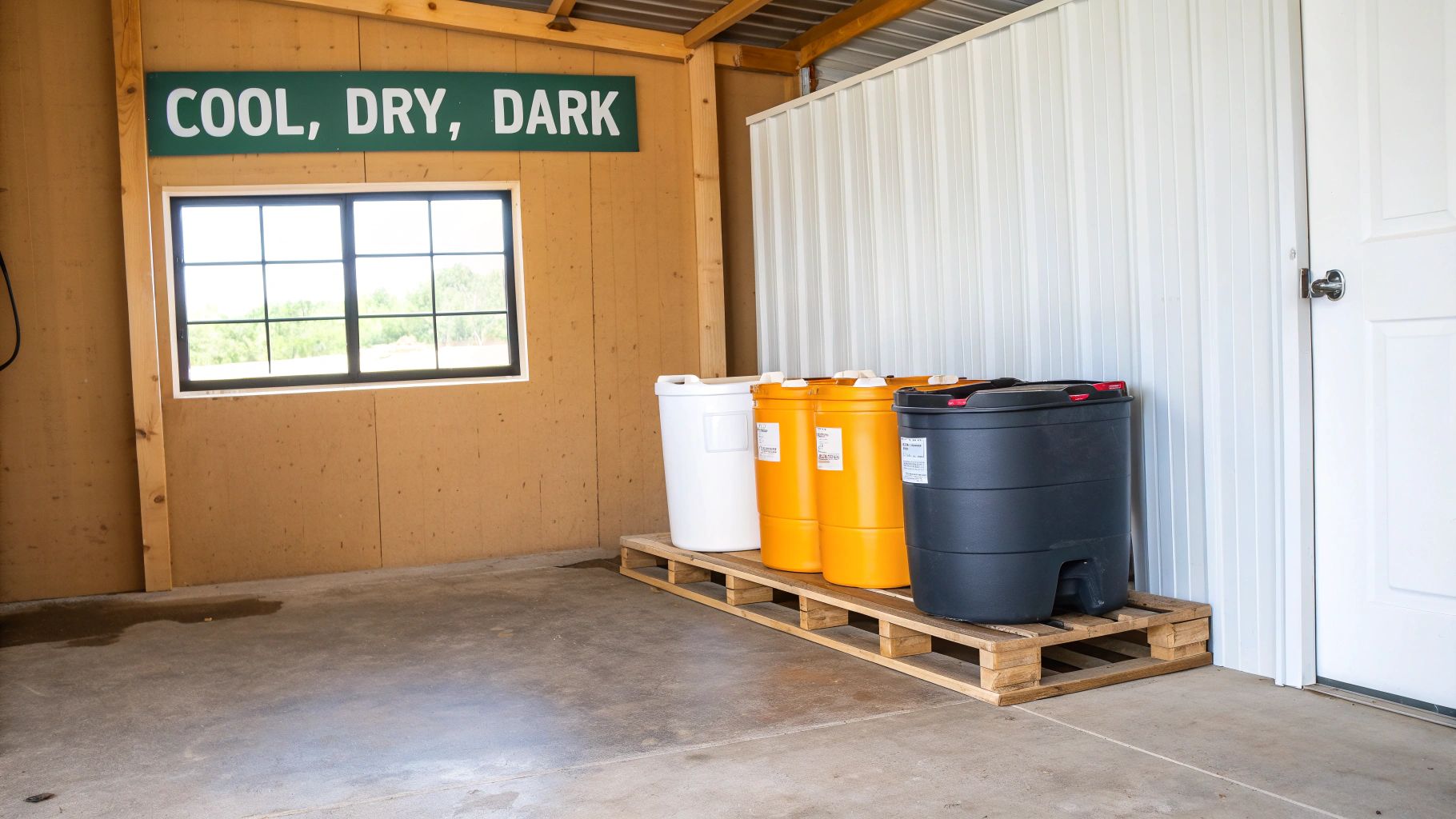 An indoor storage area with a 'COOL, DRY, DARK' sign, a window, and colorful barrels on a pallet.