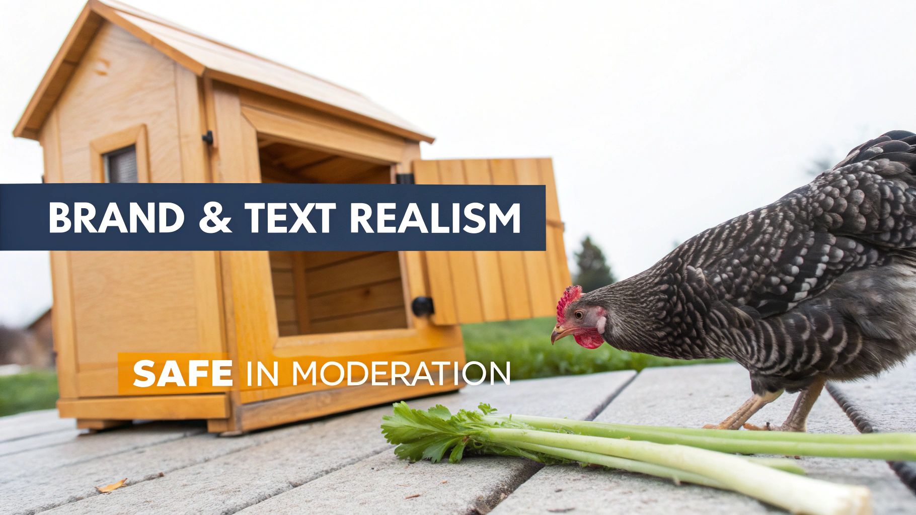 A black and white chicken pecks at green celery stalks in front of a wooden coop.