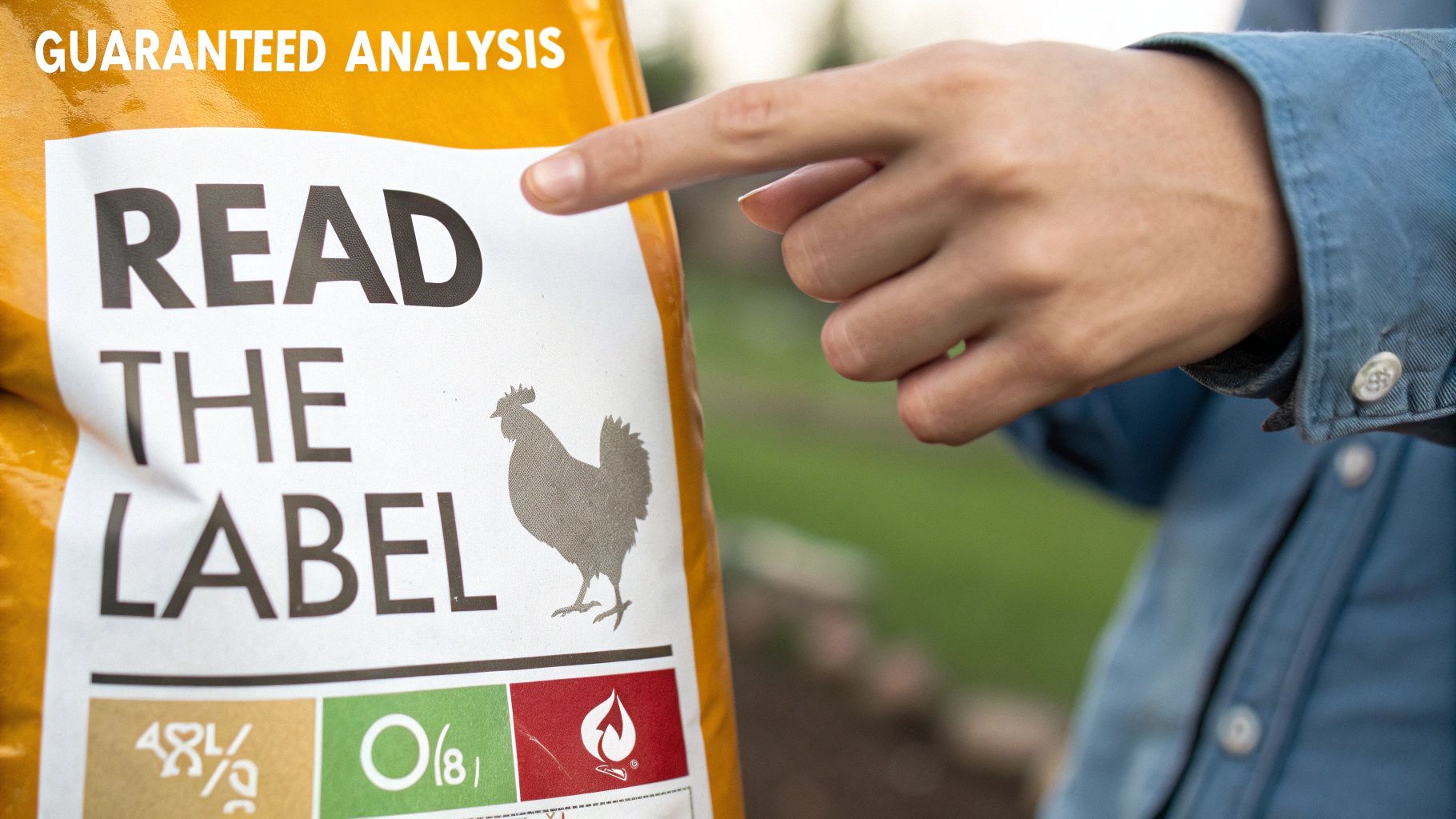 A person's hand points to a chicken feed bag displaying 'Read the Label' and 'Guaranteed Analysis'.