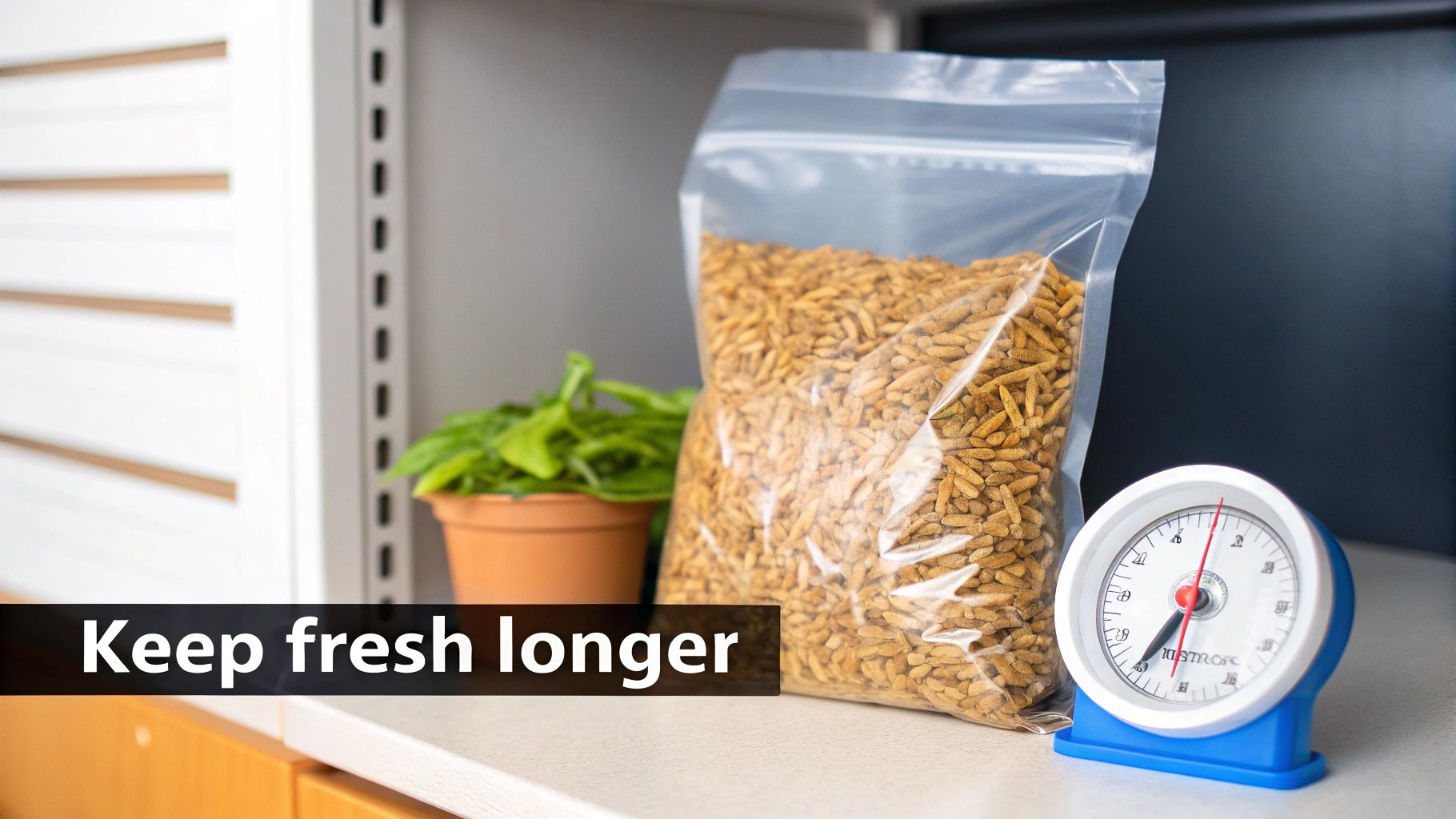 A clear plastic bag of dried BSF larvae, a potted plant, and a kitchen timer, promoting fresh storage.