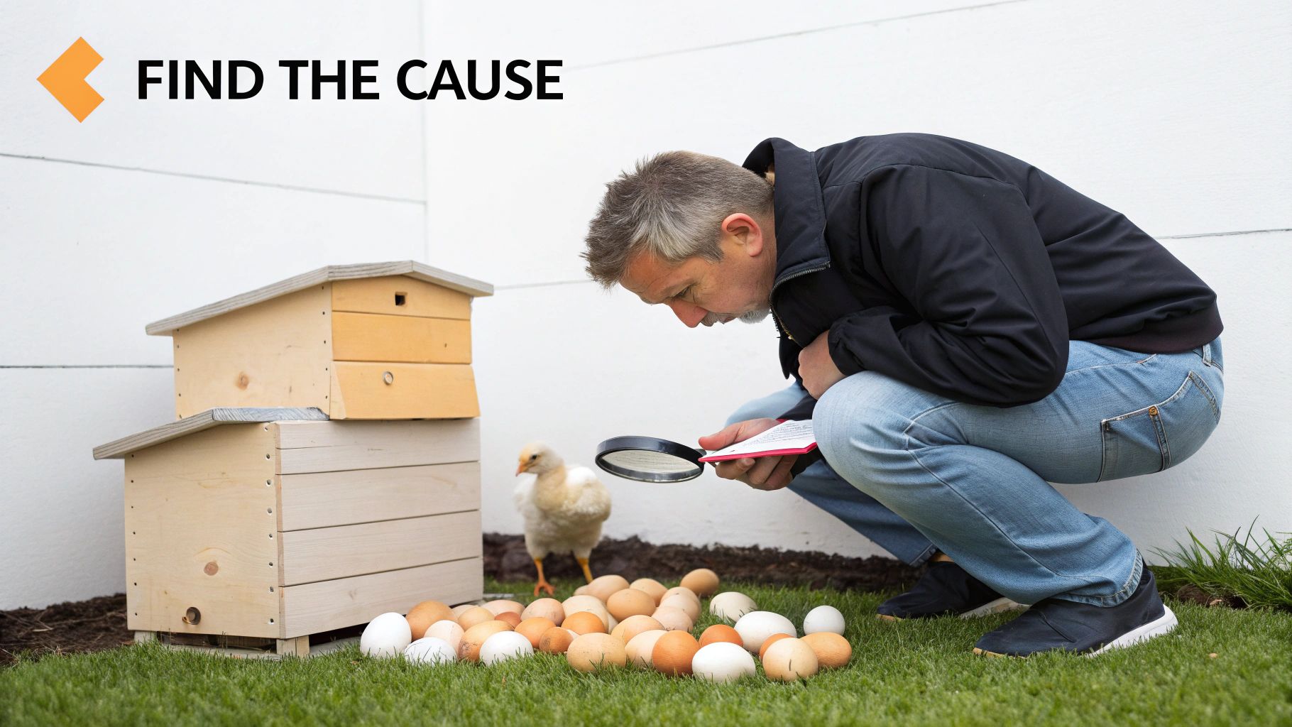 A chicken standing near a soft shell egg in a nesting box.