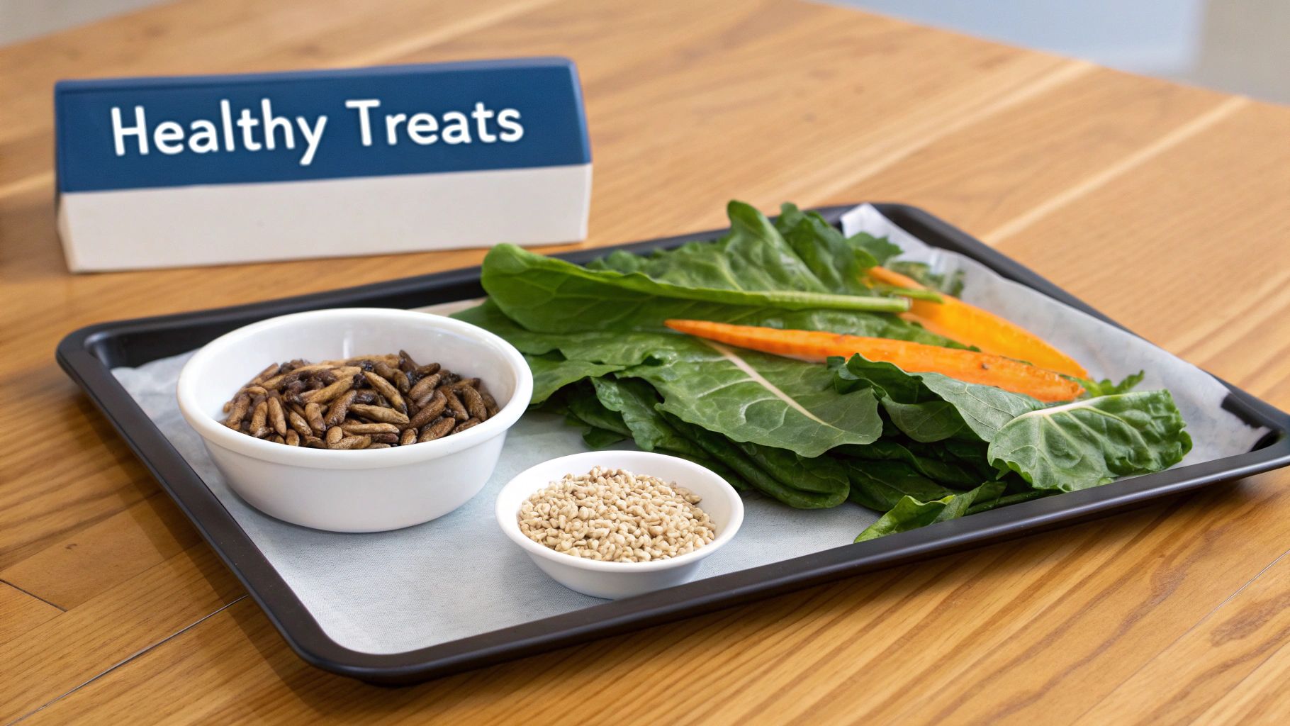 A tray of healthy treats for pets, including dried insects, seeds, leafy greens, and carrots.