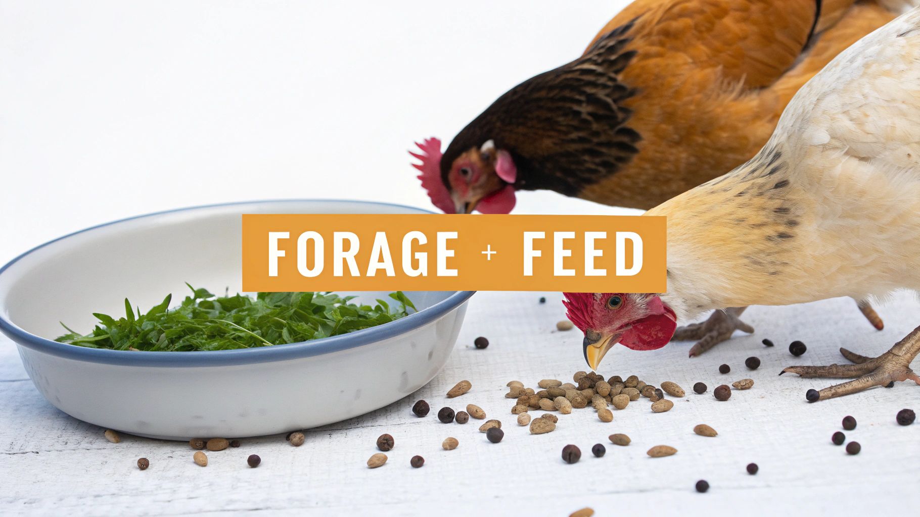 Two chickens eating natural forage greens and seeds from bowl and scattered ground