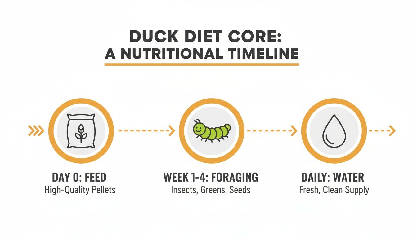 A nutritional timeline for duck diet showing pellets for day 0, foraging for weeks 1-4, and daily water.