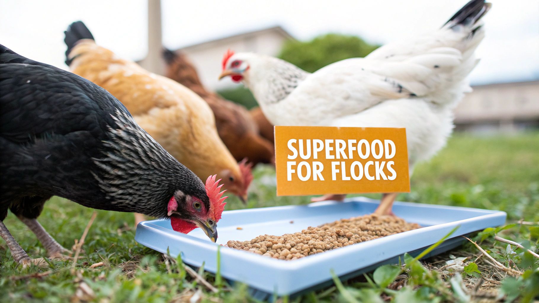 Close-up of a black and white chicken eating from a feeder with other hens and 'SUPERFOOD FOR FLOCKS' sign.