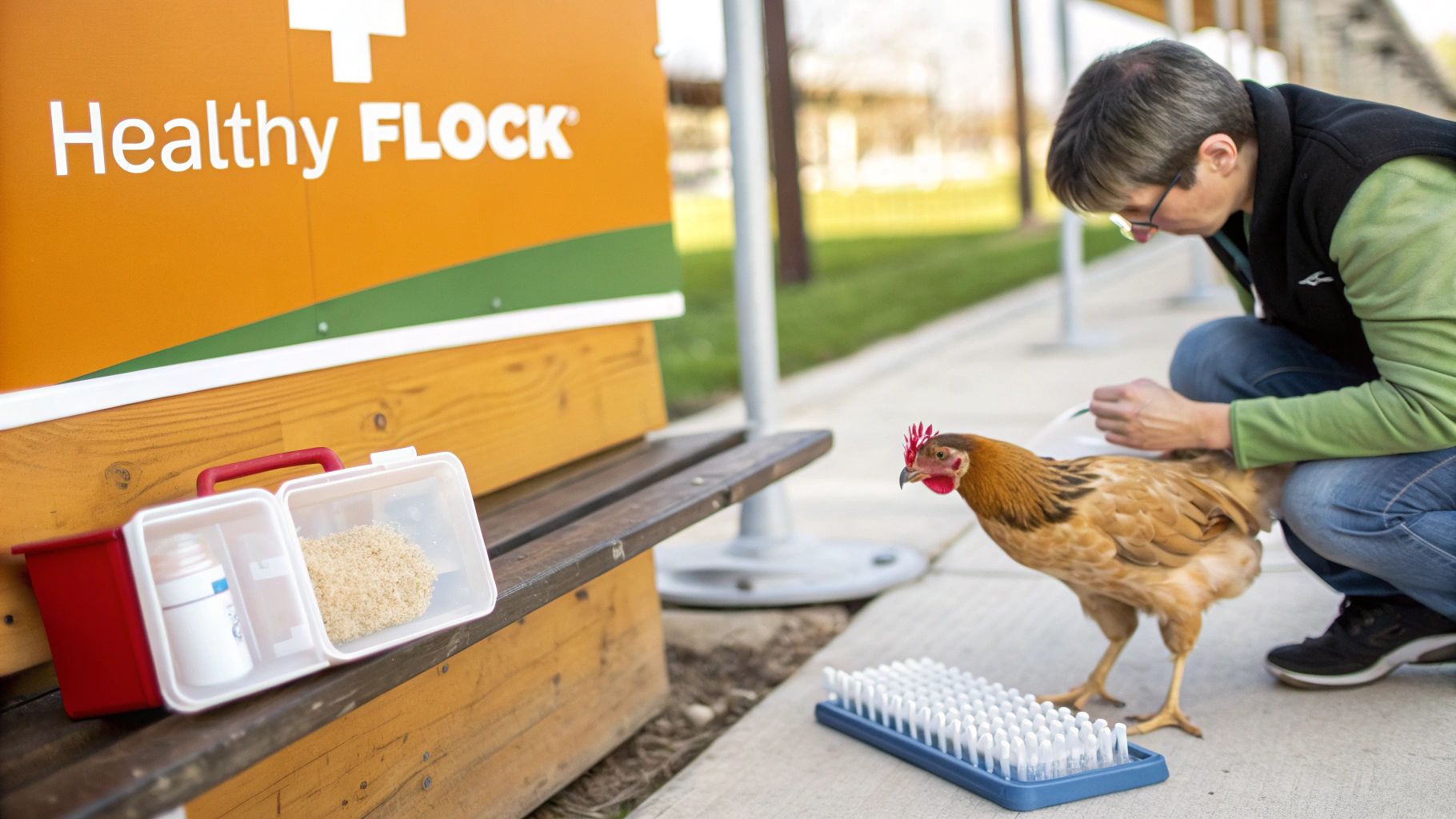 A healthy hen being gently held and inspected for health signs.