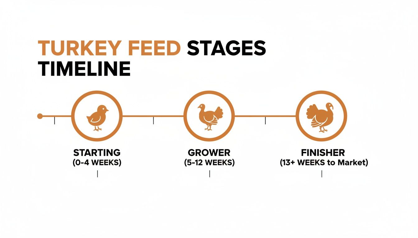 Timeline illustrating turkey feed stages: Starting (0-4 weeks), Grower (5-12 weeks), and Finisher (13+ weeks).