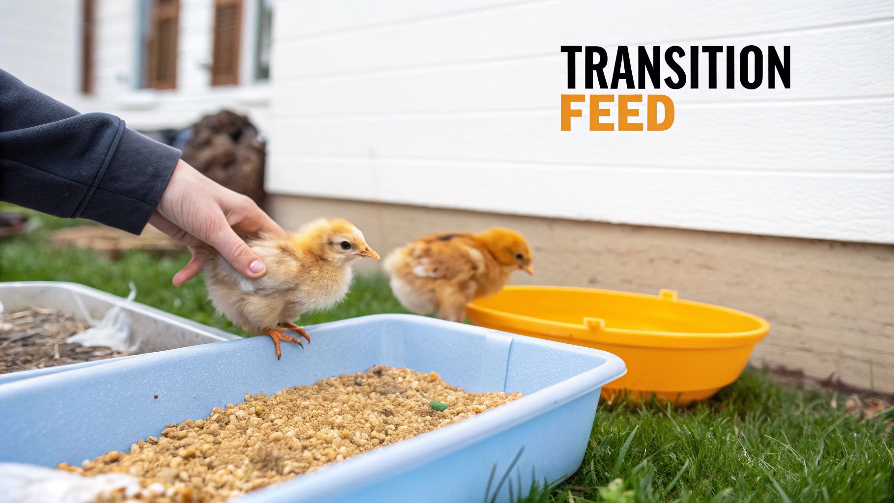 A person's hand gently holds a fluffy yellow chick near a feed tray, with another chick and a yellow bowl on green grass.