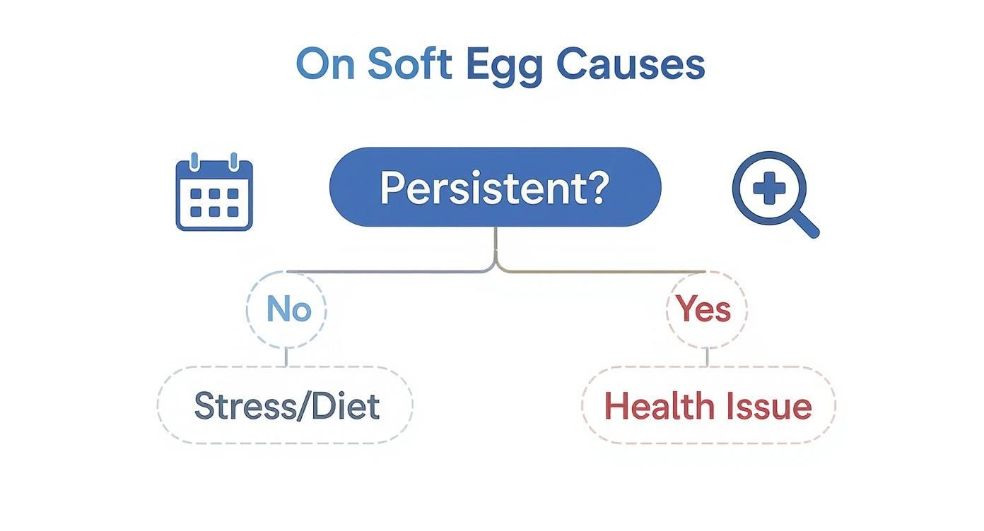 An infographic decision tree that helps diagnose the cause of soft-shelled eggs based on whether the issue is persistent.