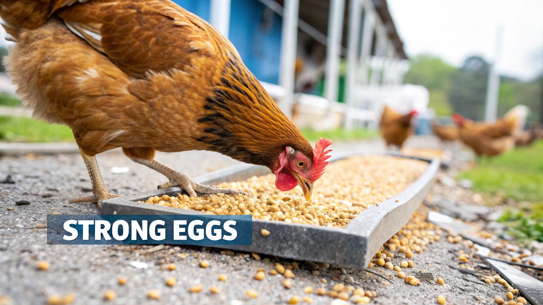 Close-up of a brown chicken standing next to a feeder filled with crushed oyster shells