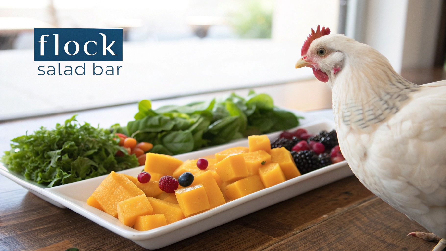 A white chicken looks at a platter with fresh salad ingredients and mixed berries.