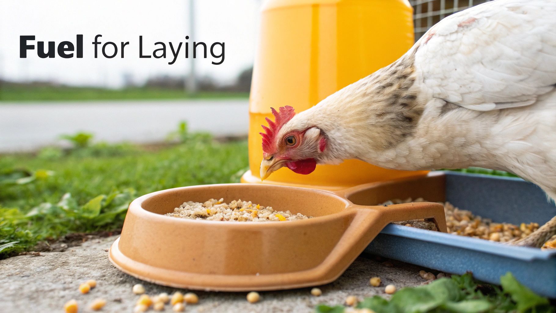 A white and brown chicken eating feed from a brown bowl, with a large yellow feeder.