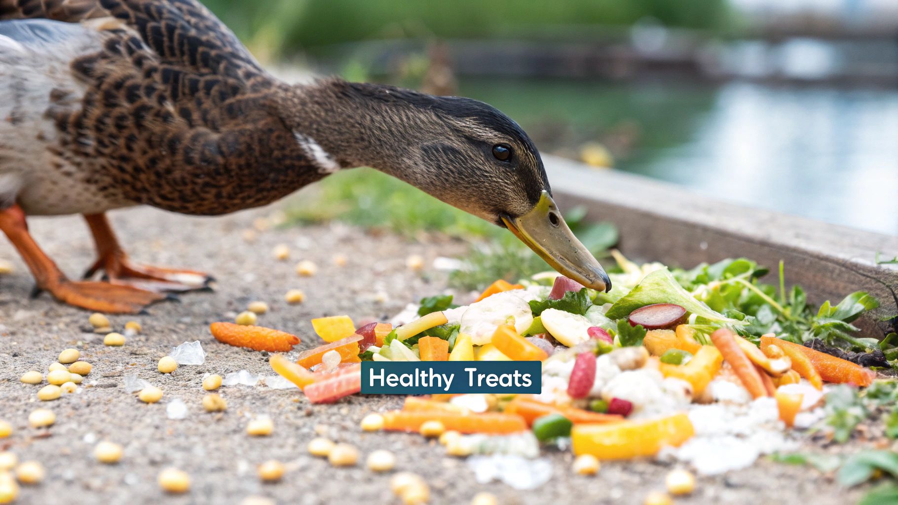 A duck enjoying a healthy treat in a grassy area