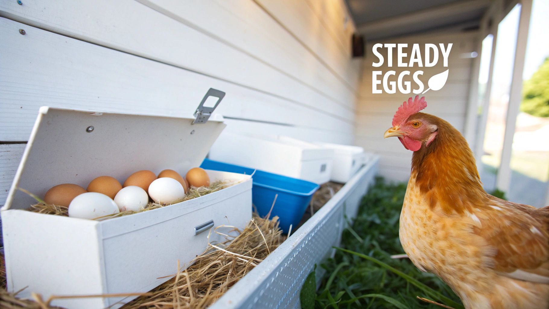 A brown chicken looks towards white nesting boxes filled with hay and farm fresh eggs.
