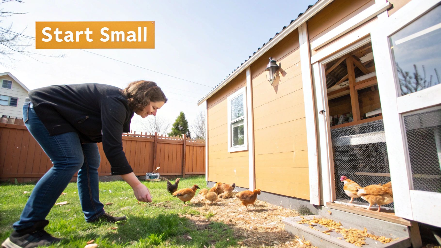 A woman feeds small chickens outside a coop, emphasizing the message 'Start Small'.