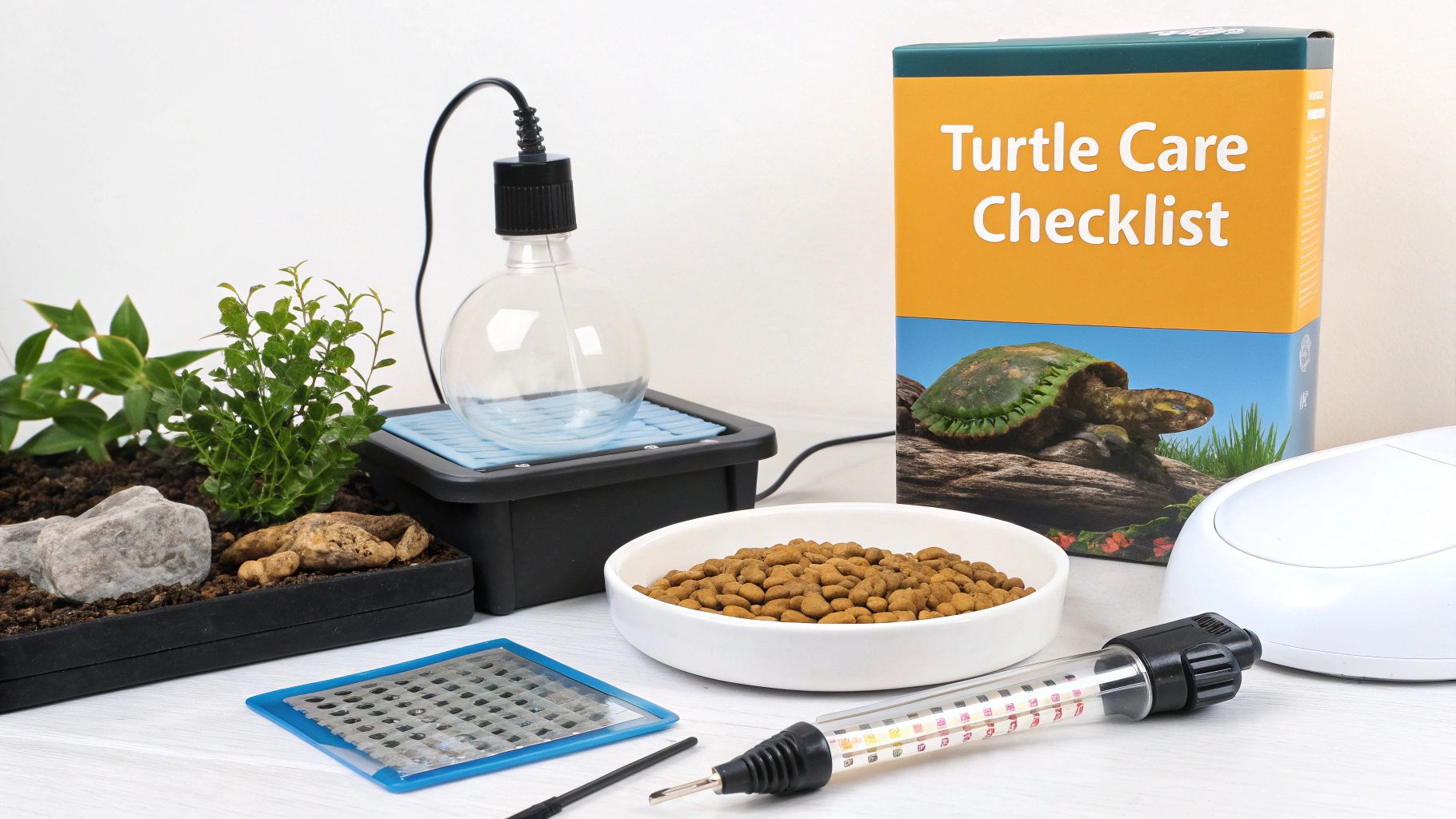 A collection of pet turtle care essentials, including a terrarium, heat lamp, food, and guide.