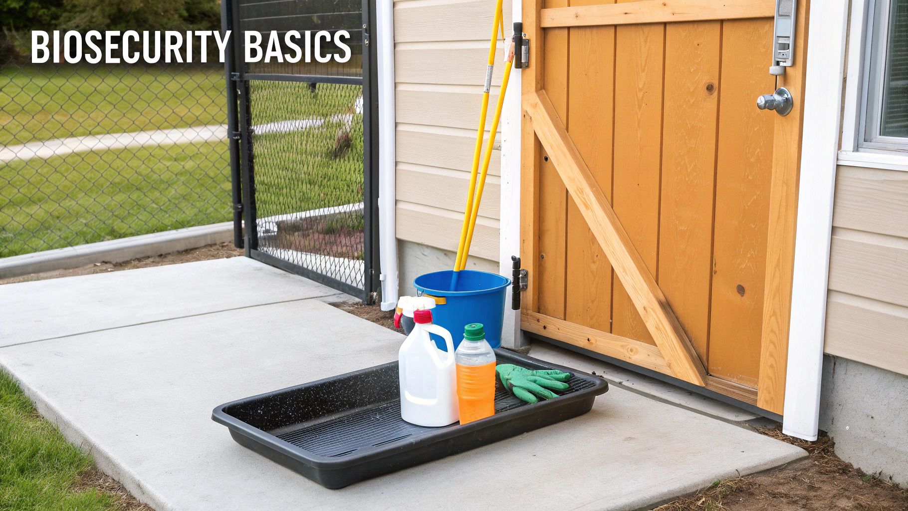 A person in boots walking towards a clean and well-maintained chicken coop.
