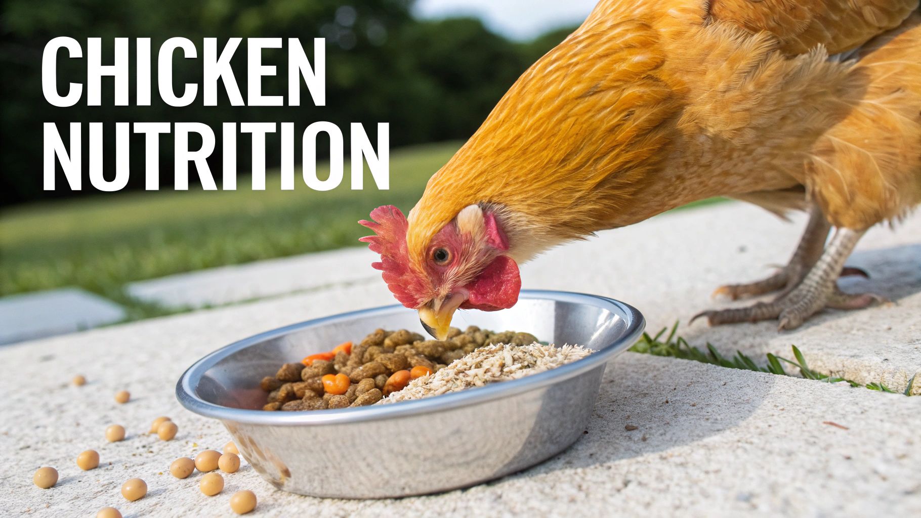 Healthy chicken eating from a feeder in a green pasture