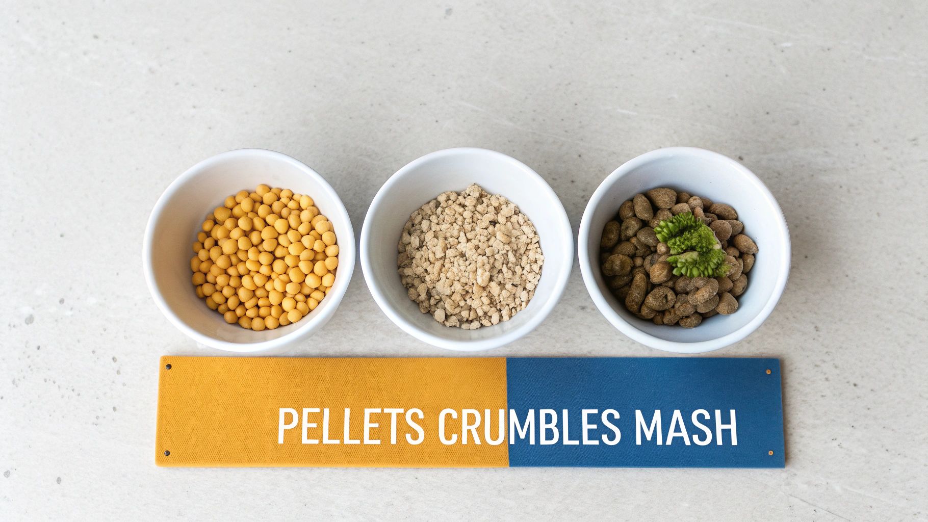 Three white bowls display different types of chicken feed: pellets, crumbles, and mash, with a label below.