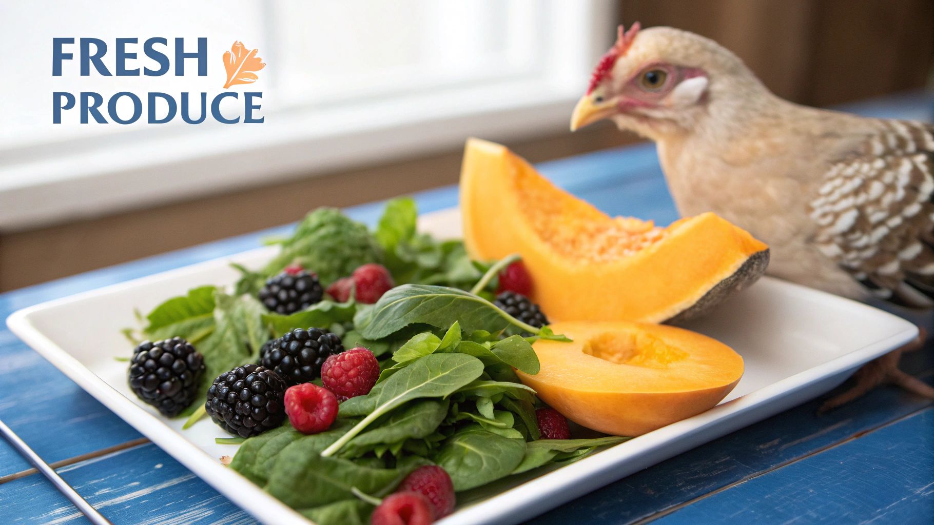 A chicken looks at a plate of fresh produce including berries, greens, and melon.