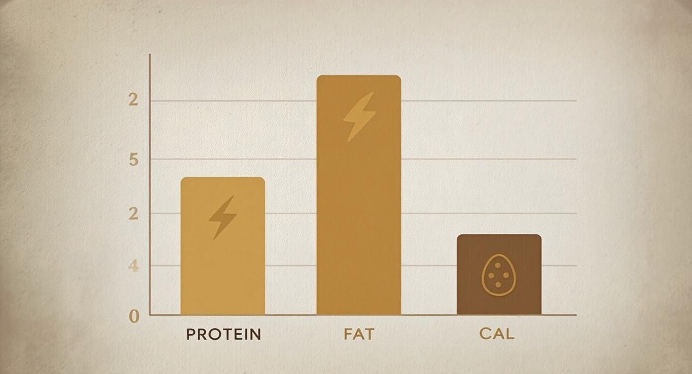 A bar chart comparing protein, fat, and calories, with fat showing the highest value.