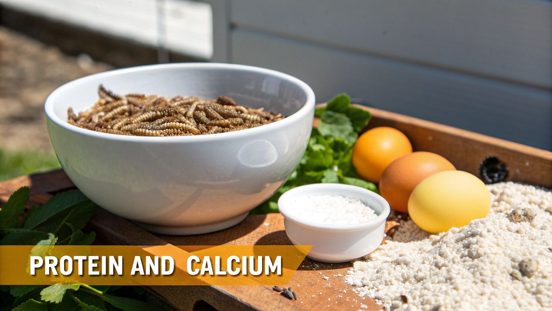 A bowl of mealworms, three eggs, and calcium powder, representing protein and calcium for animal nutrition.