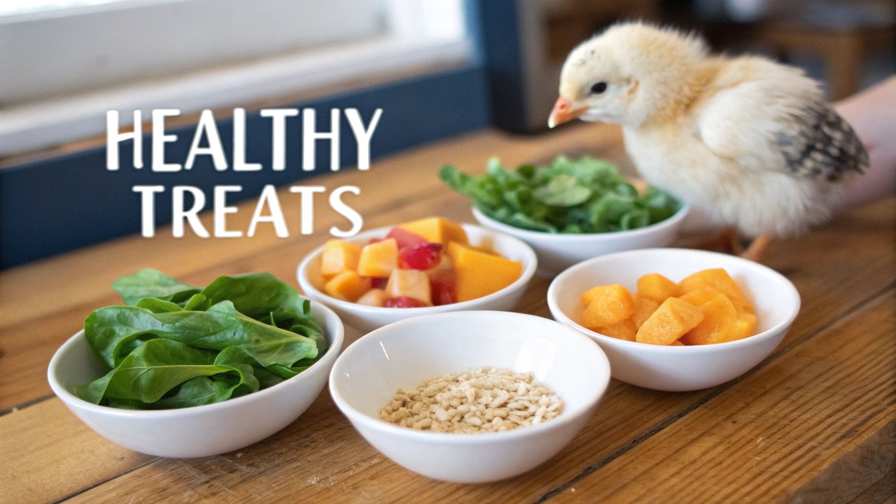 A fluffy chick stands by small bowls of healthy treats, including greens, fruit, and seeds.