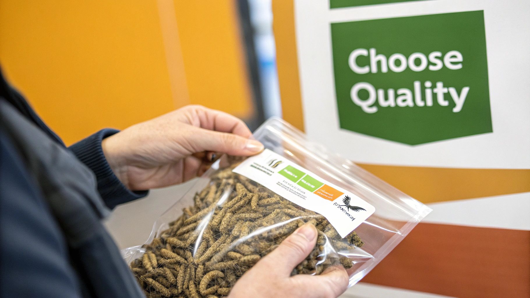 Person holding sealed package of black soldier fly grubs with Choose Quality sign in background