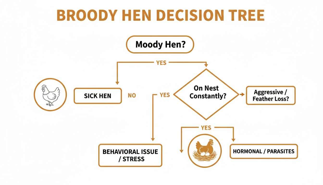A decision tree diagram illustrating how to identify if a hen is broody or has other issues.