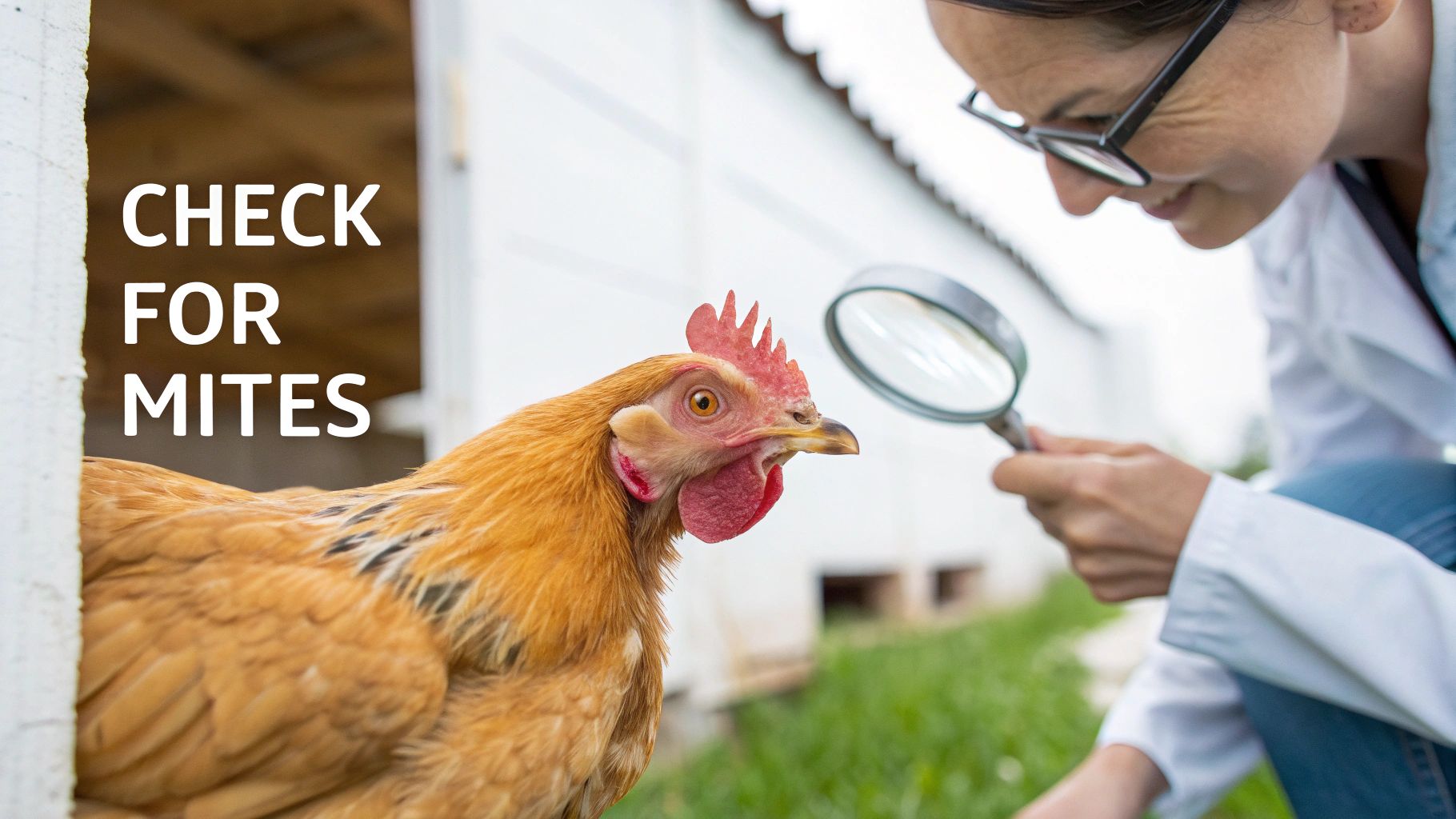 Veterinarian examining orange chicken with magnifying glass to check for mites infestation