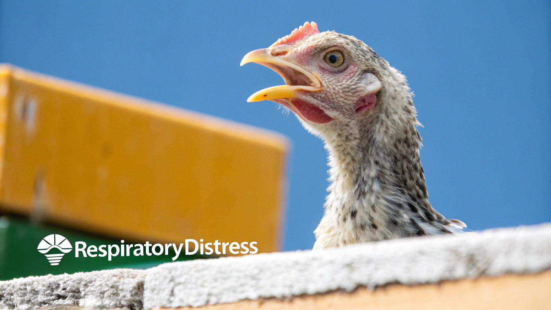 A chicken with its beak slightly open, looking as though it might be having respiratory issues.
