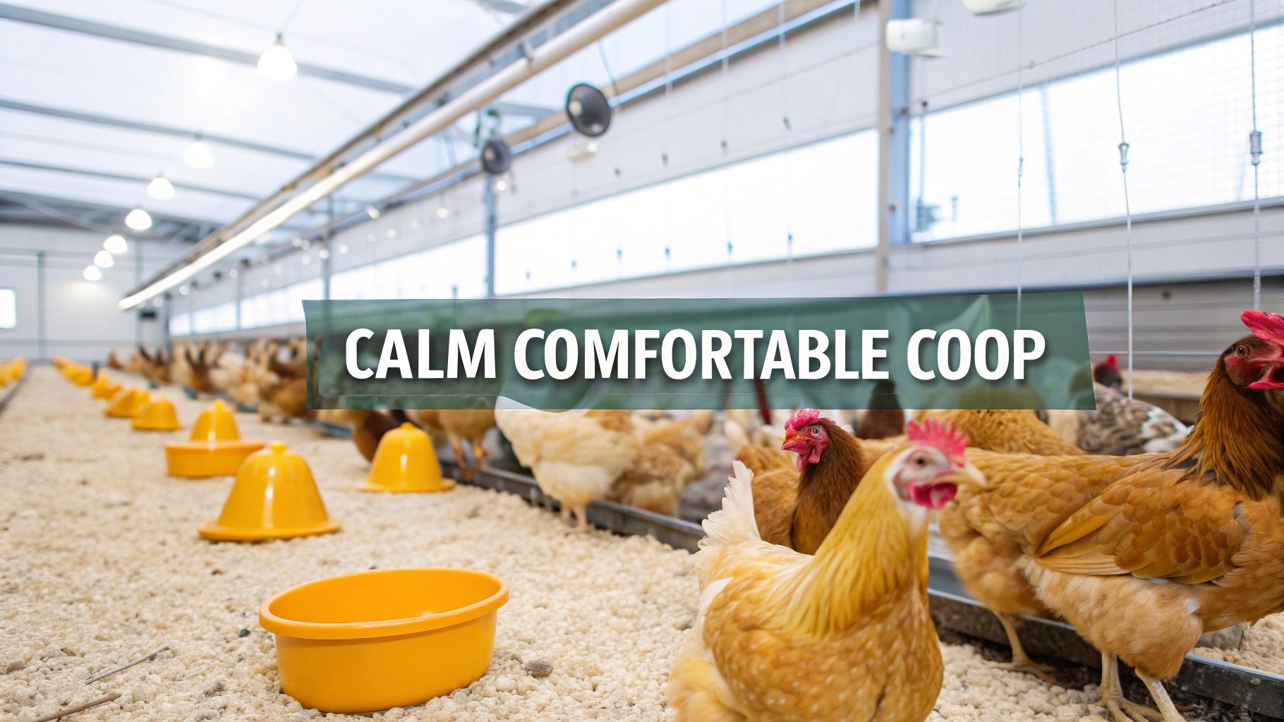 Healthy chickens in a spacious, modern chicken coop with feeders and ample light, featuring text 'CALM COMFORTABLE COOP'.